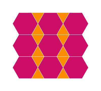 Three rows where each has a regular hexagon then an hourglass pair of equilateral triangles. The hexagons are directly above each other, sharing a side, and the bottow triangle of each row shares a side with the top triangle of the row below.