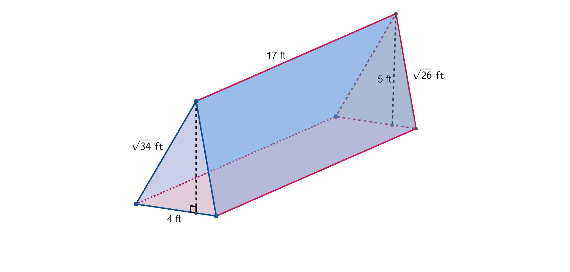 Triangular prism with stretch 17. Triangle has a base length of 4, slant lengths of square root 34 and square root 26, and a height of 5.