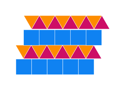 A design with rows of squares and rows of alternating triangles. The vertices of the triangles meet the squares at the center of a side.